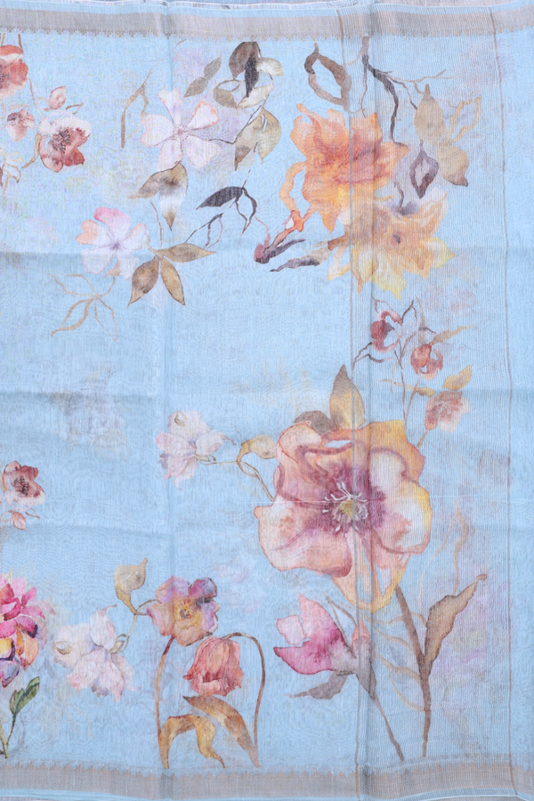 Linen Saree In Sky Blue With Floral Printed Design