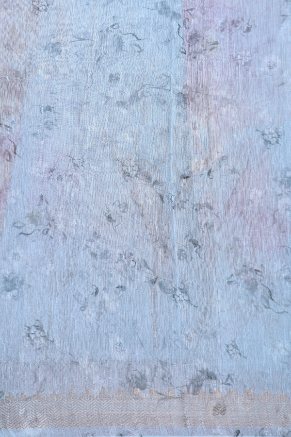 Linen Saree In Sky Blue With Floral Printed Design
