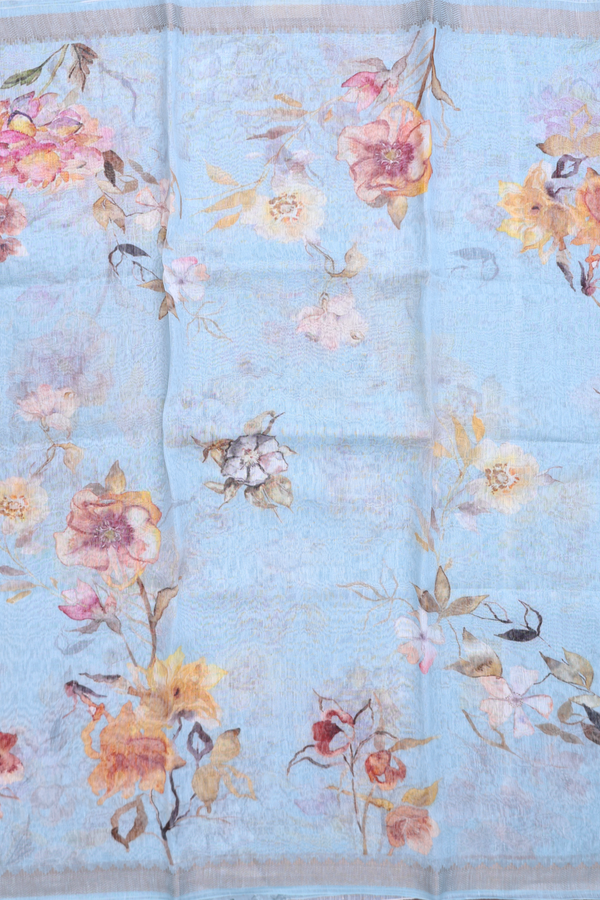 Linen Saree In Sky Blue With Floral Printed Design