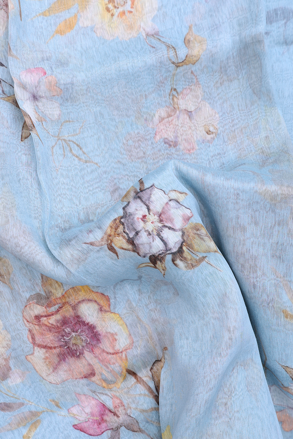 Linen Saree In Sky Blue With Floral Printed Design