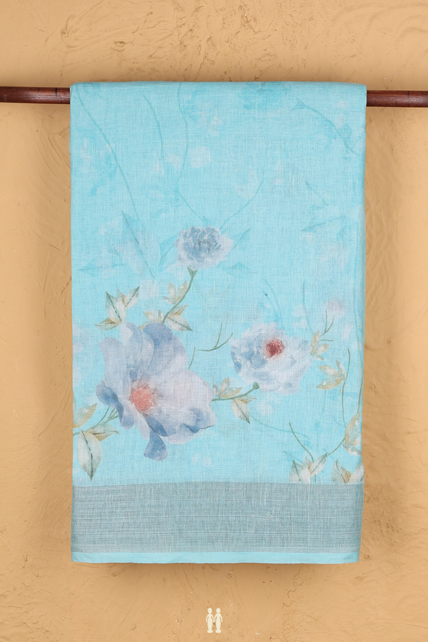 Linen Saree In Sky Blue With Floral Printed Design