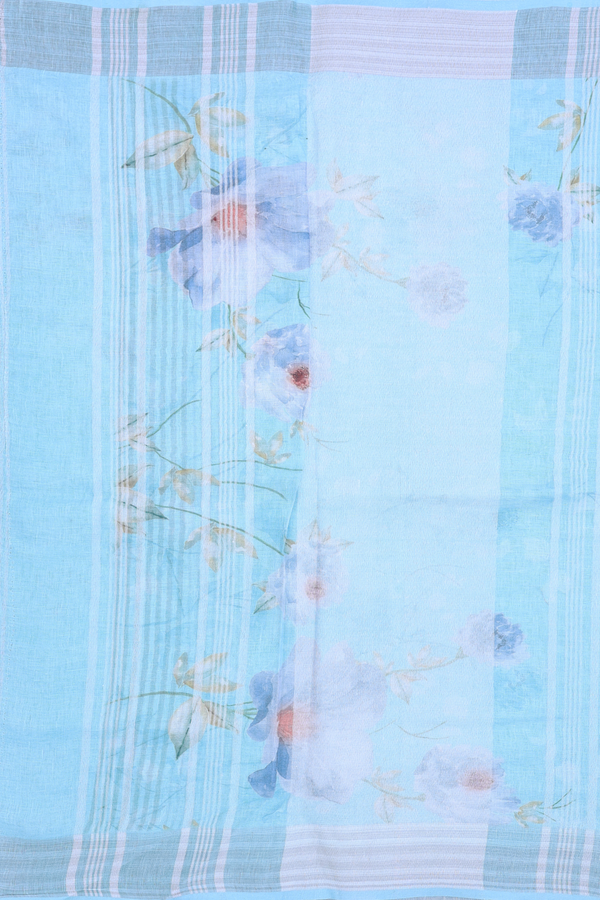 Linen Saree In Sky Blue With Floral Printed Design