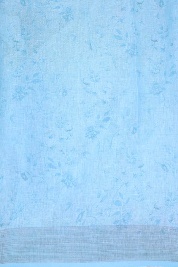 Linen Saree In Sky Blue With Floral Printed Design