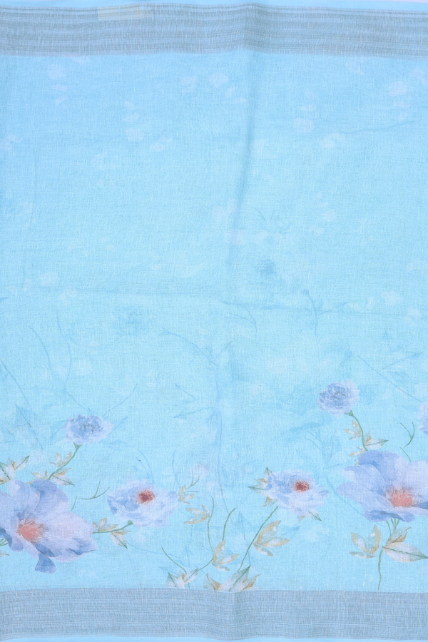 Linen Saree In Sky Blue With Floral Printed Design
