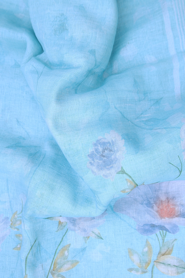 Linen Saree In Sky Blue With Floral Printed Design