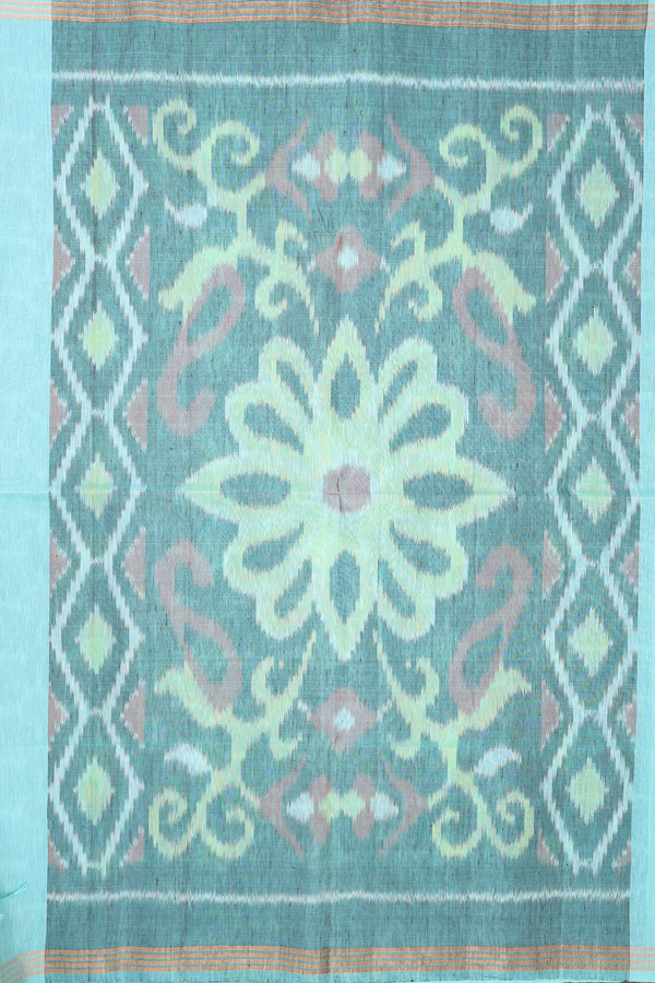 Linen Saree In Tiffany Blue With Zari Buttas