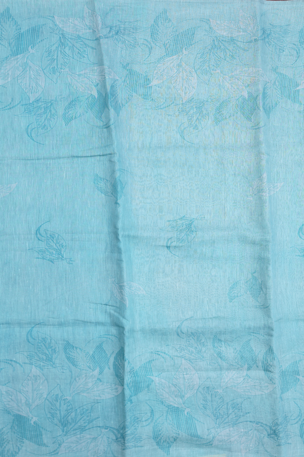 Linen Saree In Turkish Blue With Leaf Design