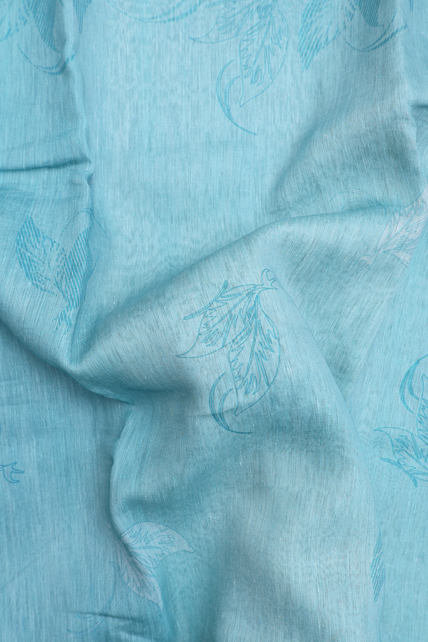 Linen Saree In Turkish Blue With Leaf Design