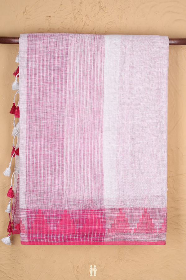 Linen Saree In White And Pink With Stripes Design