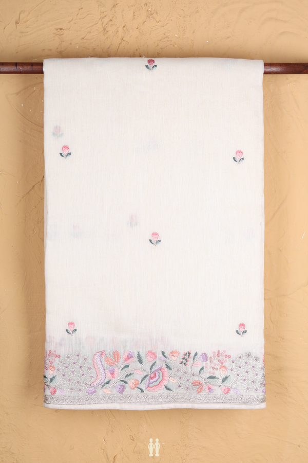 Linen Saree In White Floral Threadwork Buttas