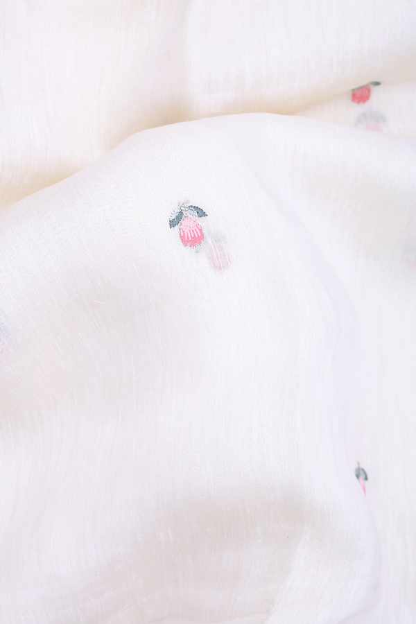 Linen Saree In White Floral Threadwork Buttas
