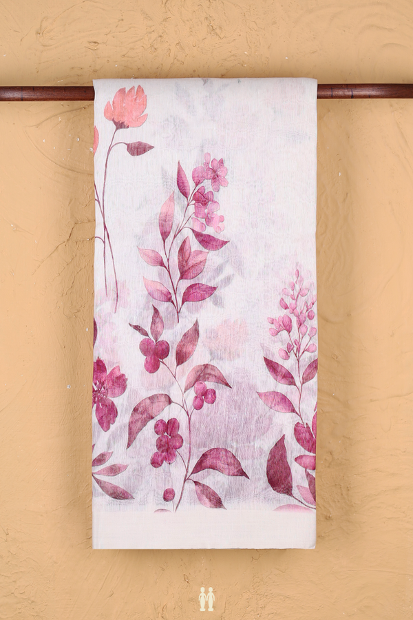 Linen Saree In White With Floral Printed Design