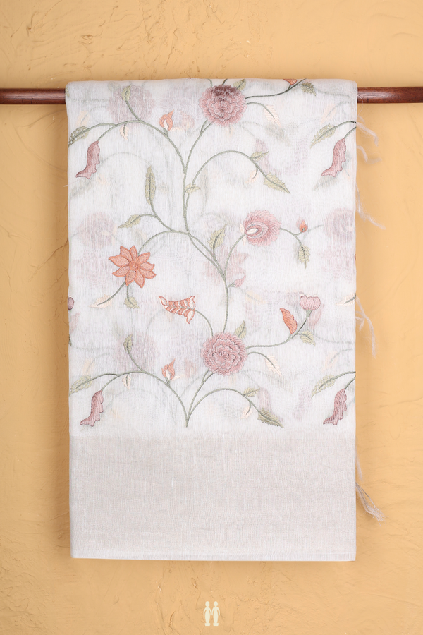 Linen Saree In White With Floral Design