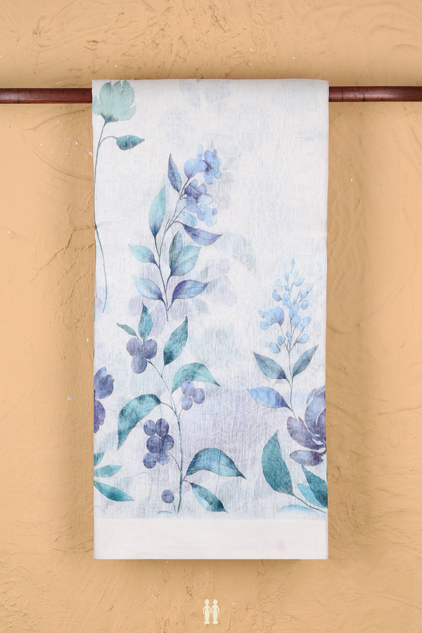 Linen Saree In White With Floral Printed Design
