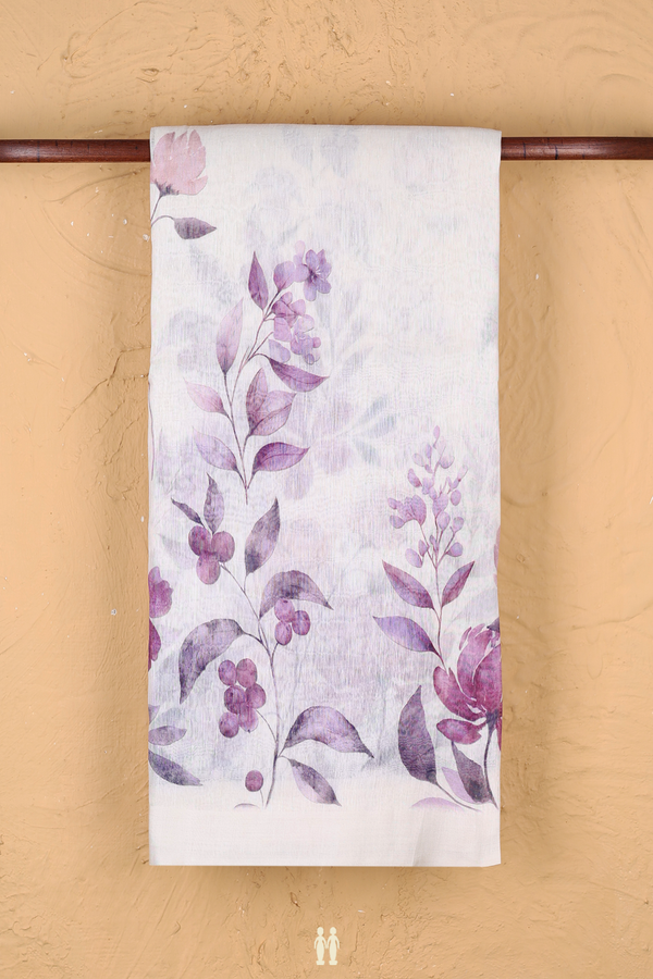 Linen Saree In White With Floral Printed Design