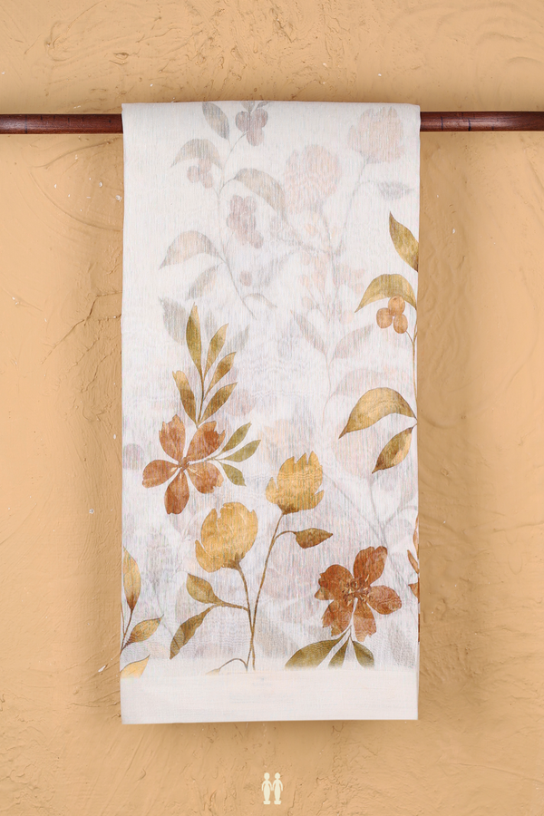 Linen Saree In White With Floral Printed Design