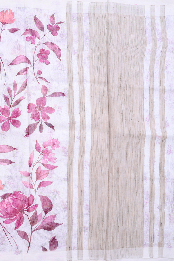 Linen Saree In White With Floral Printed Design