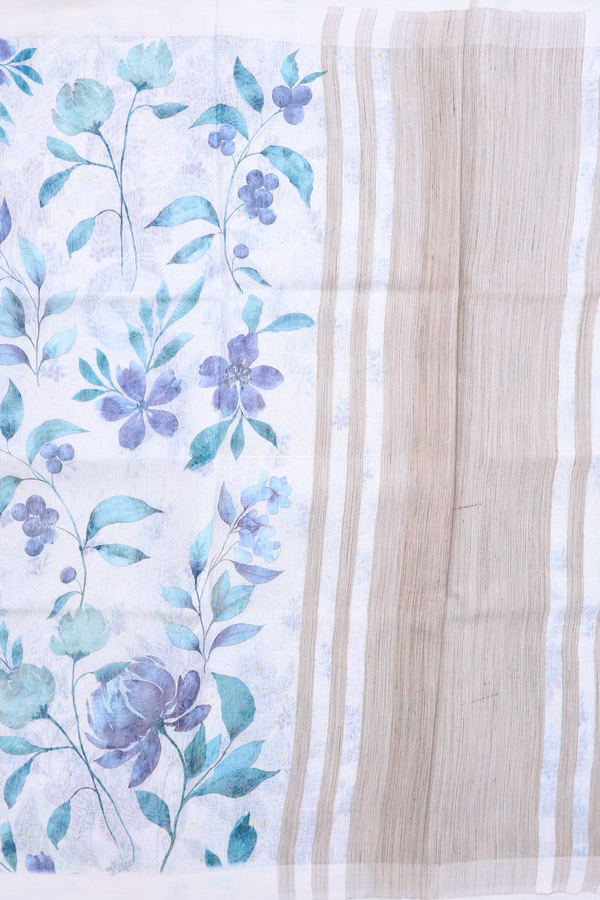 Linen Saree In White With Floral Printed Design