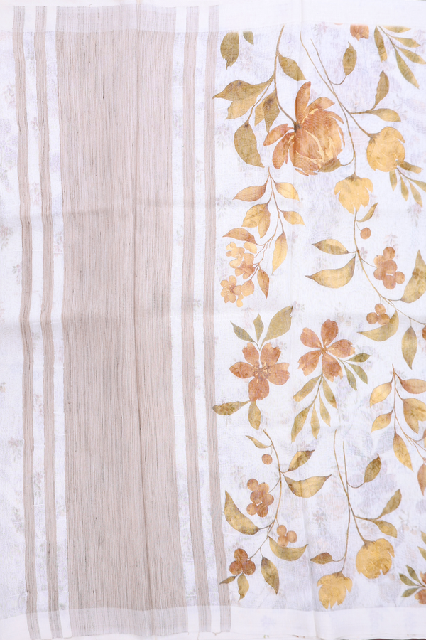 Linen Saree In White With Floral Printed Design
