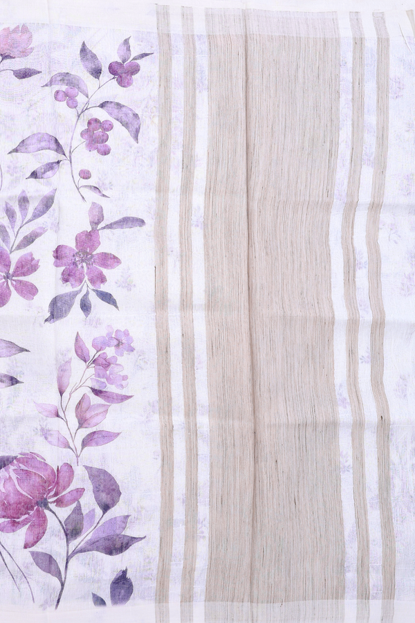 Linen Saree In White With Floral Printed Design