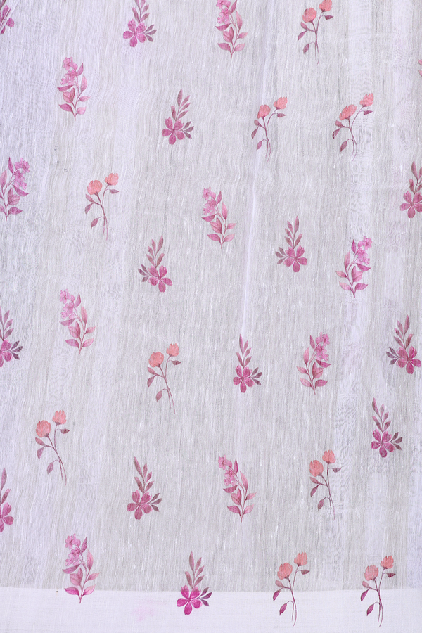 Linen Saree In White With Floral Printed Design