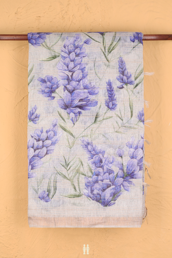 Linen Saree In White With Floral Design