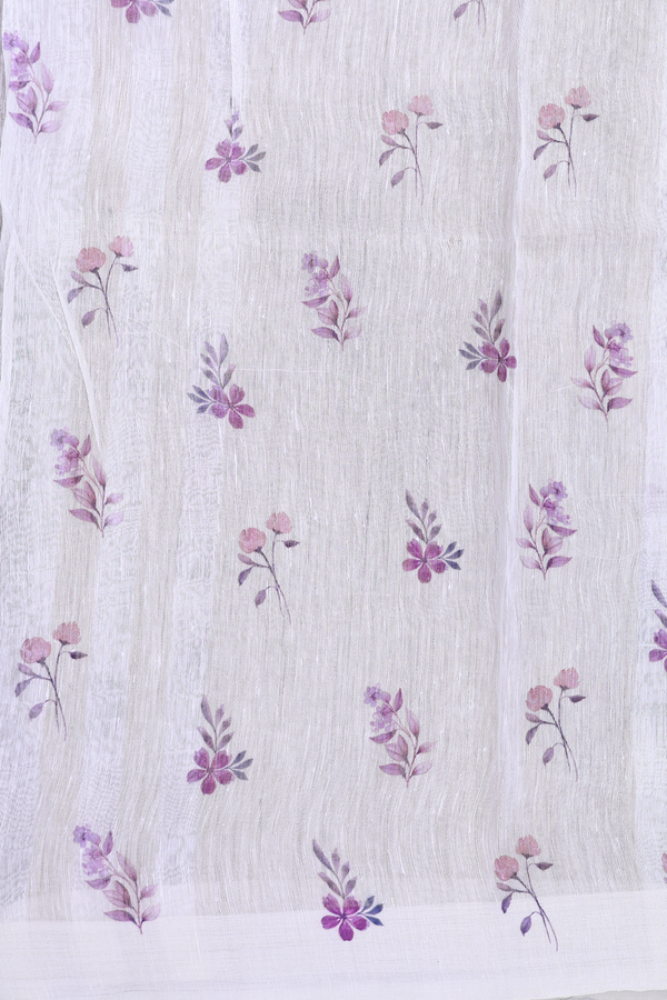 Linen Saree In White With Floral Printed Design