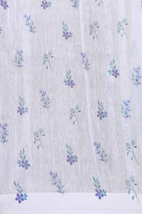 Linen Saree In White With Floral Printed Design