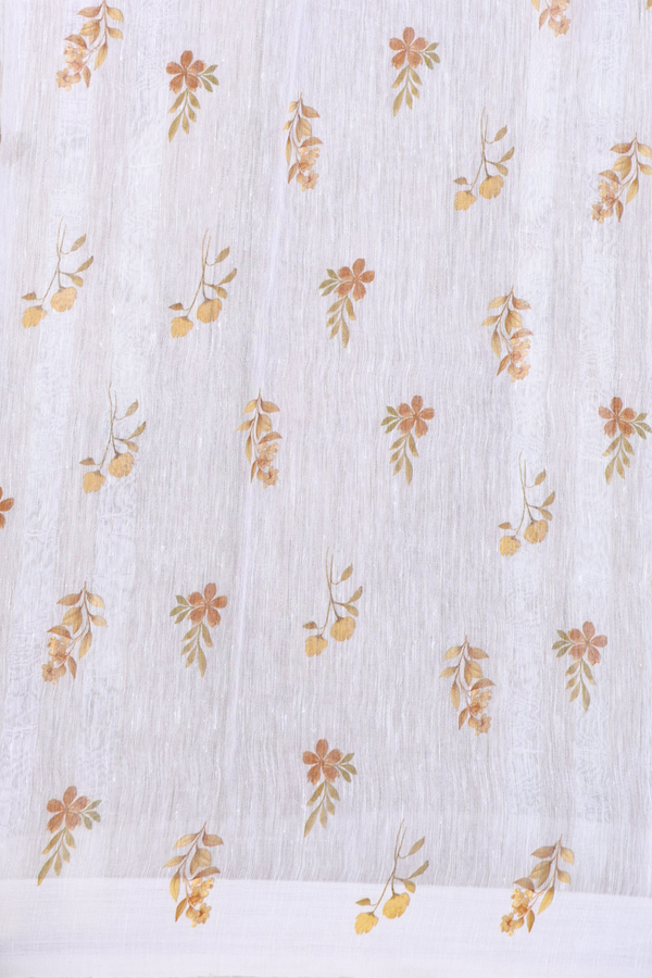 Linen Saree In White With Floral Printed Design