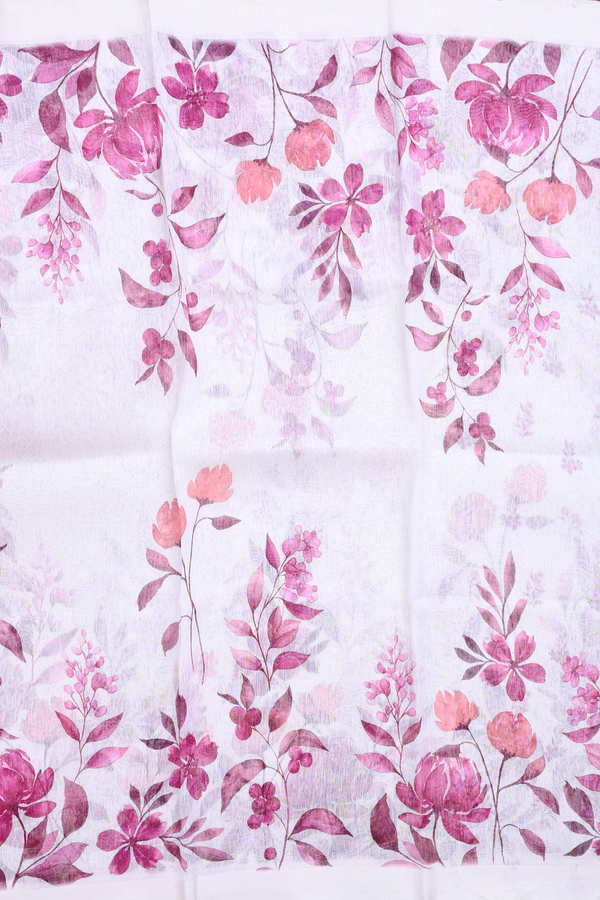Linen Saree In White With Floral Printed Design