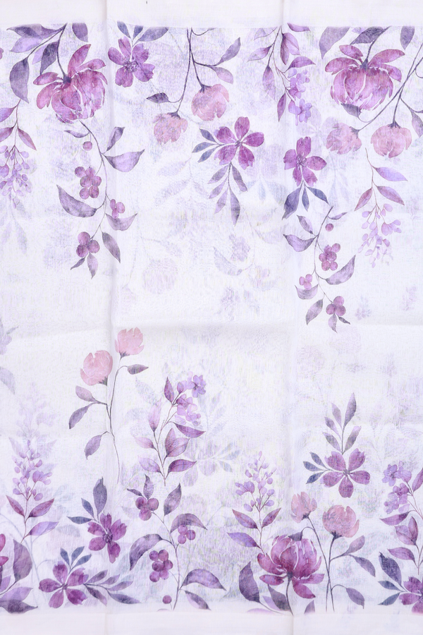 Linen Saree In White With Floral Printed Design