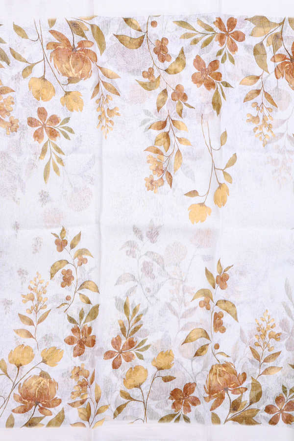 Linen Saree In White With Floral Printed Design