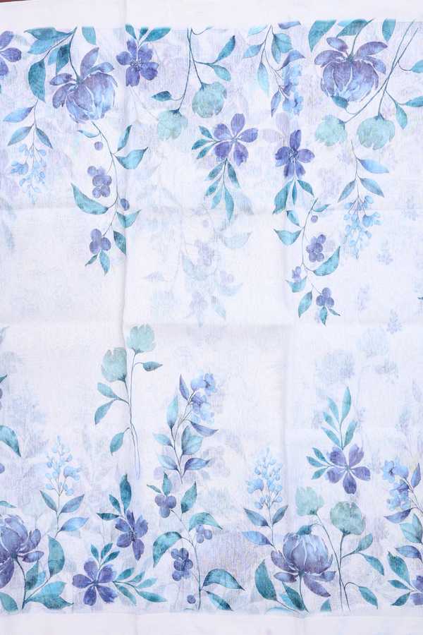 Linen Saree In White With Floral Printed Design