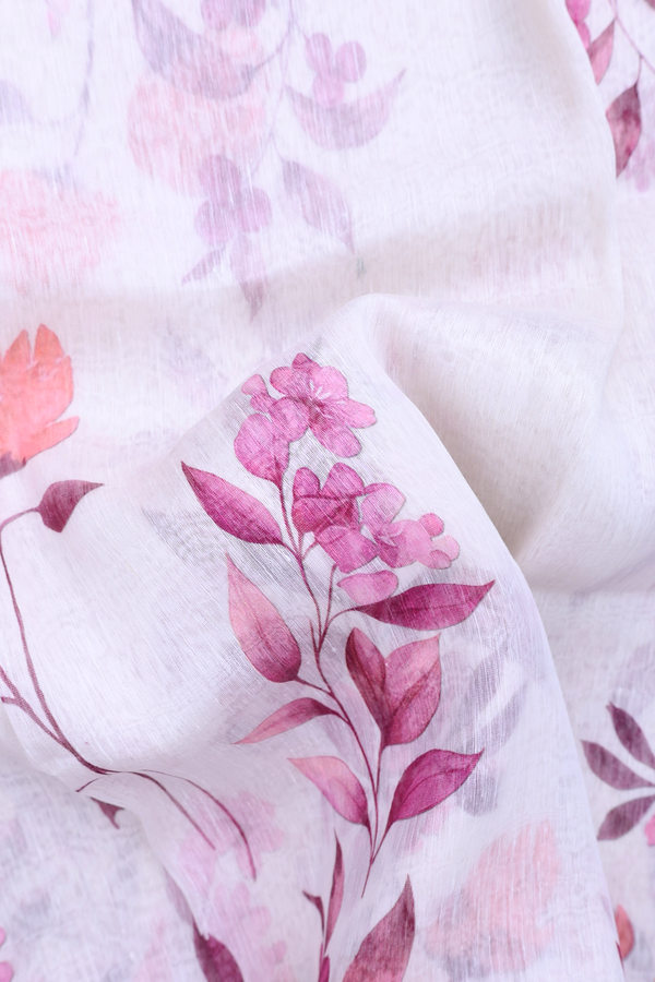 Linen Saree In White With Floral Printed Design