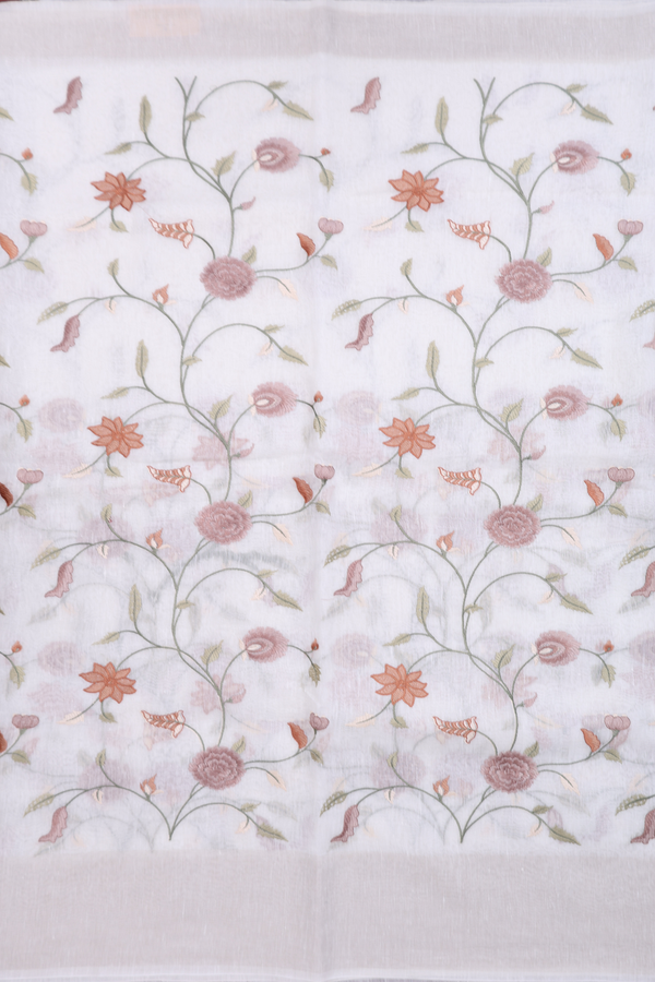 Linen Saree In White With Floral Design