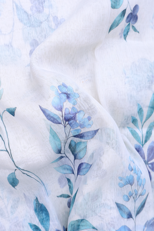 Linen Saree In White With Floral Printed Design