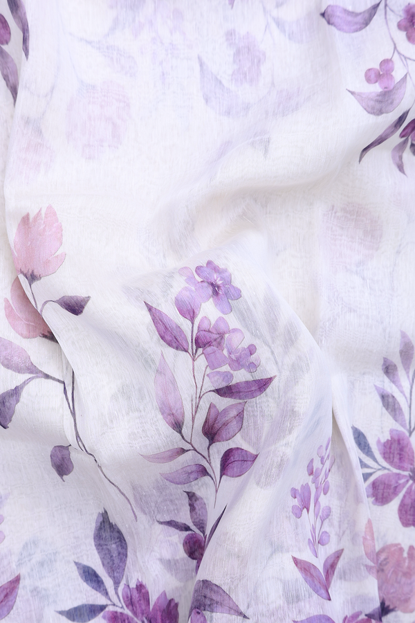 Linen Saree In White With Floral Printed Design