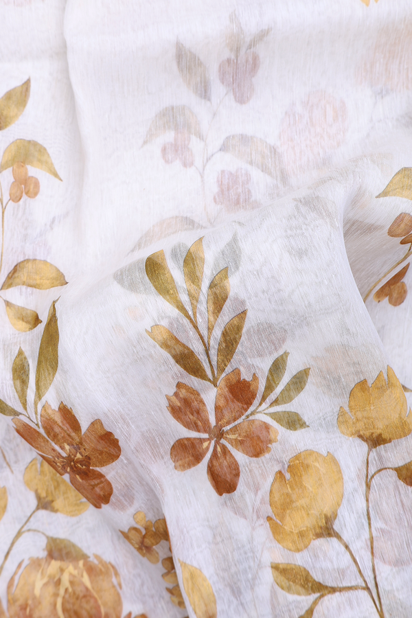 Linen Saree In White With Floral Printed Design
