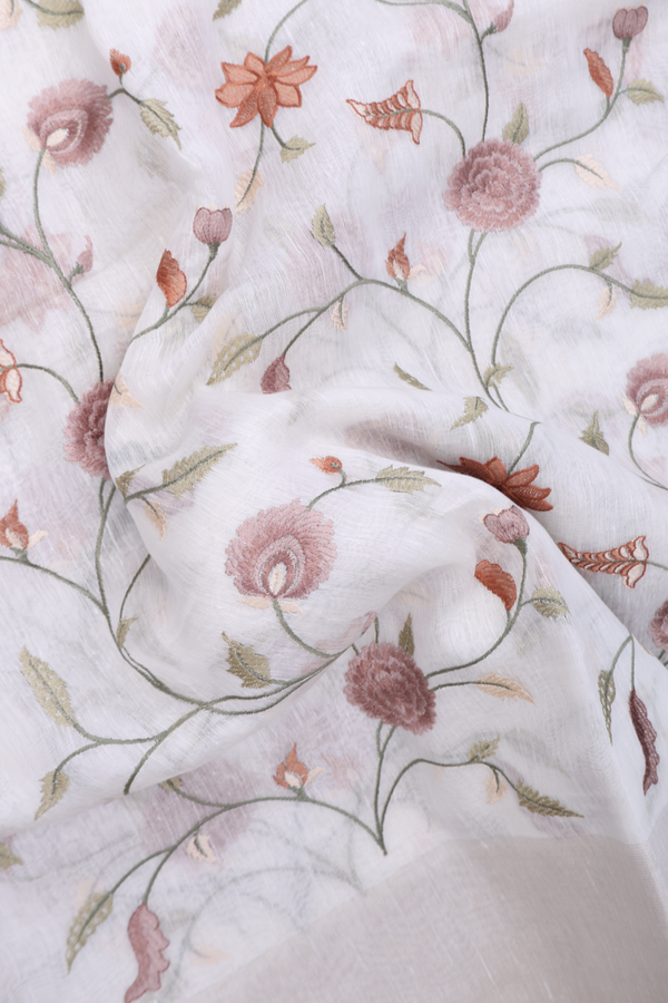 Linen Saree In White With Floral Design
