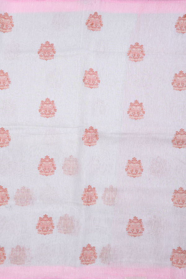 Linen Saree In White With Threadwork Motifs