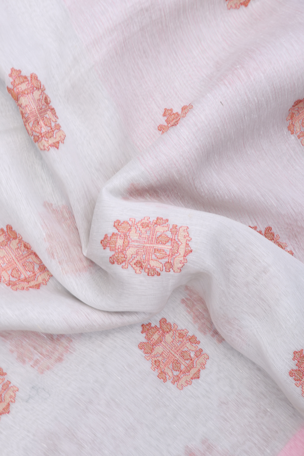 Linen Saree In White With Threadwork Motifs