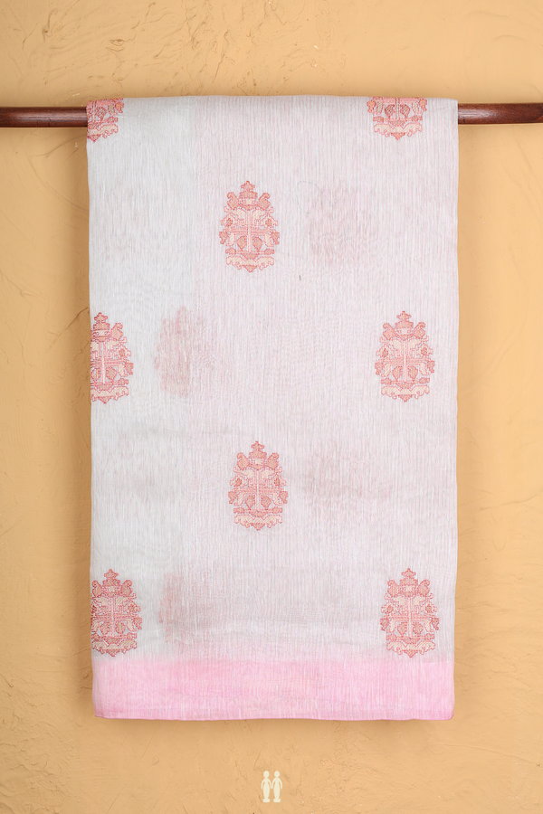Linen Saree In White With Threadwork Motifs