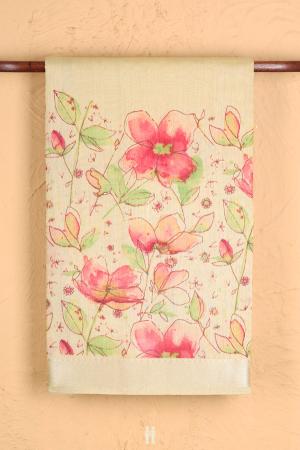 Linen Saree In Pastel Yellow With Floral Border