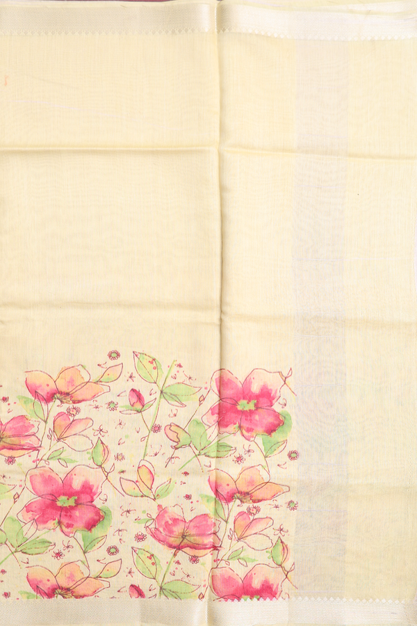 Linen Saree In Pastel Yellow With Floral Border
