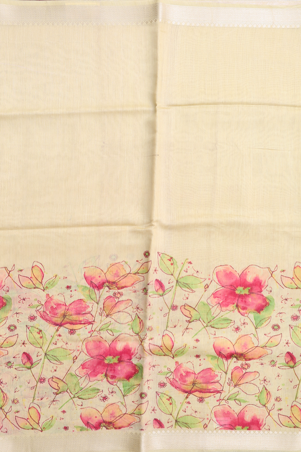 Linen Saree In Pastel Yellow With Floral Border