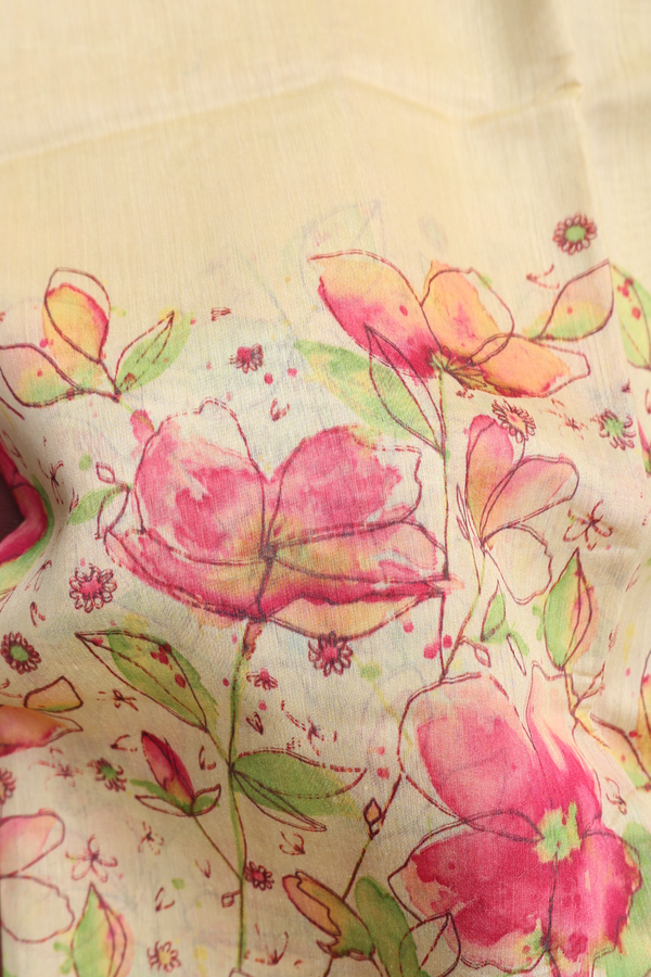Linen Saree In Pastel Yellow With Floral Border