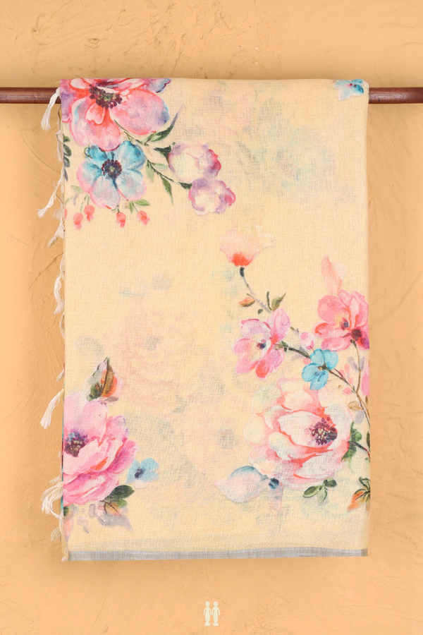 Linen Saree In Yellow With Floral Design