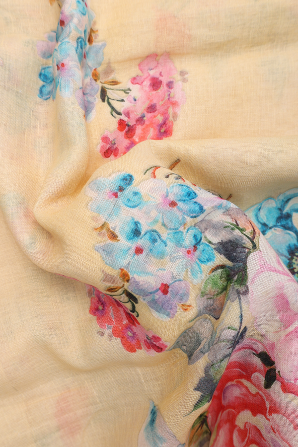 Linen Saree In Yellow With Floral Design