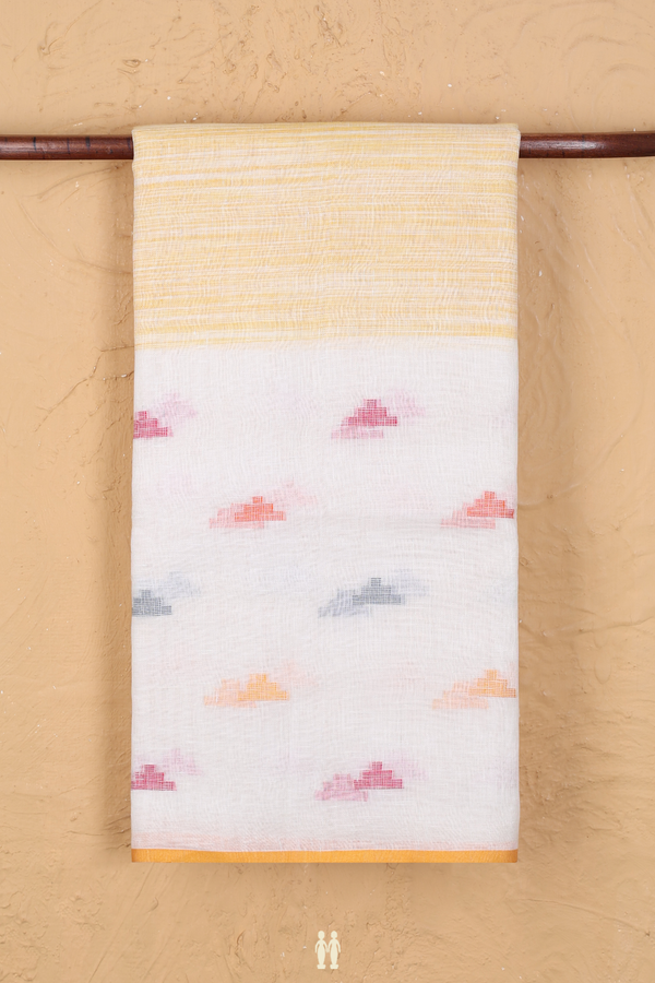 Linen Saree In Yellow And White With Threadwork Buttas