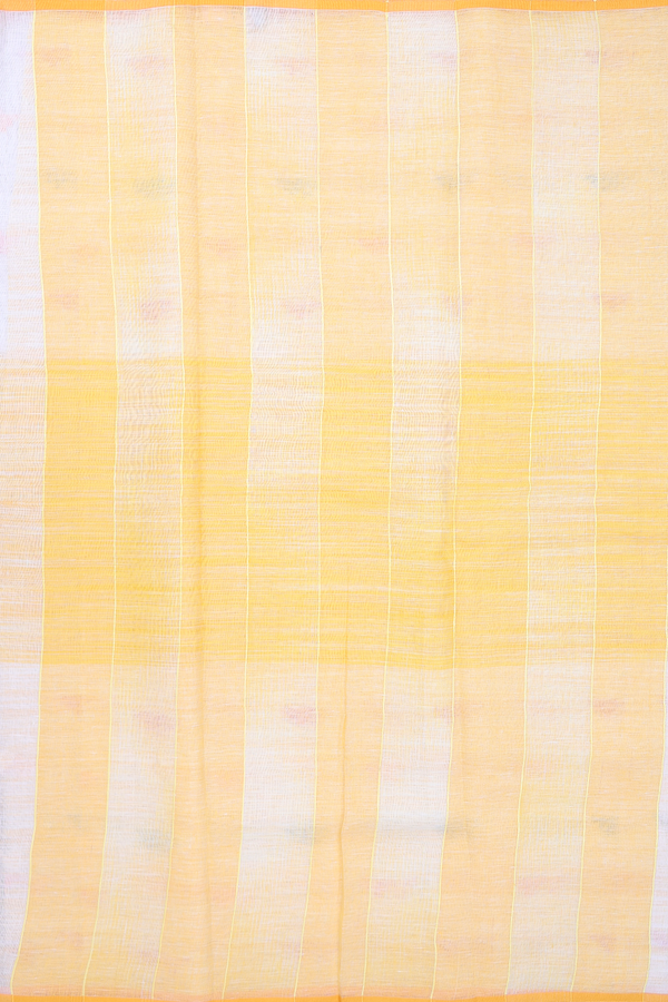 Linen Saree In Yellow And White With Threadwork Buttas